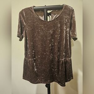PLEIONE WOMEN'S VELVET SHORT SLEEVED BLOUSE REAR BLACK TIE AT NECKLINE SIZE MED